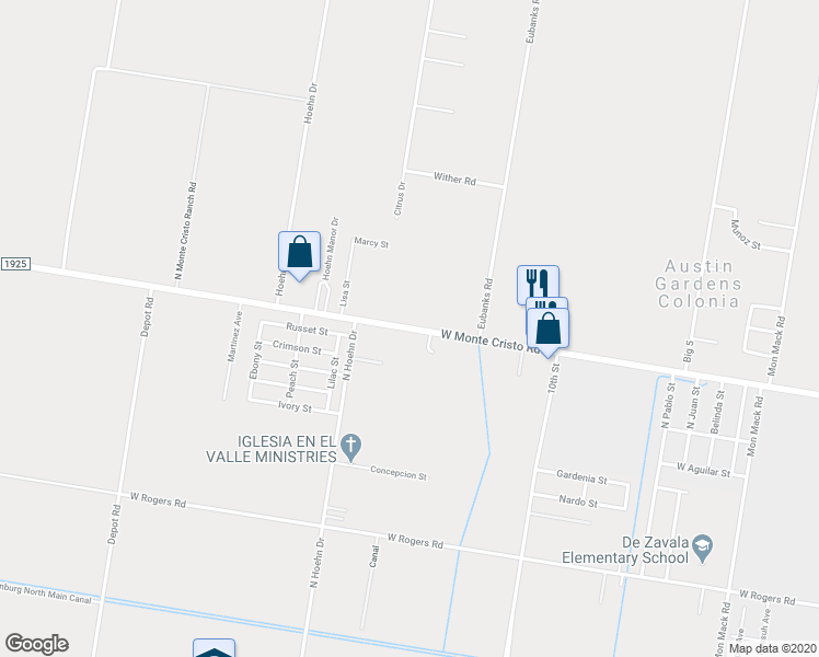map of restaurants, bars, coffee shops, grocery stores, and more near 2607 West Monte Christo Road in Edinburg