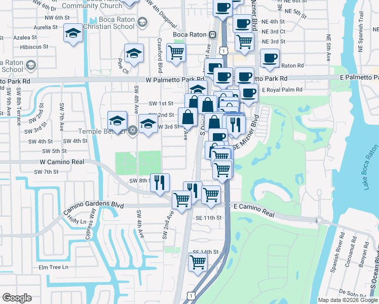 map of restaurants, bars, coffee shops, grocery stores, and more near 600 Southwest 2nd Avenue in Boca Raton