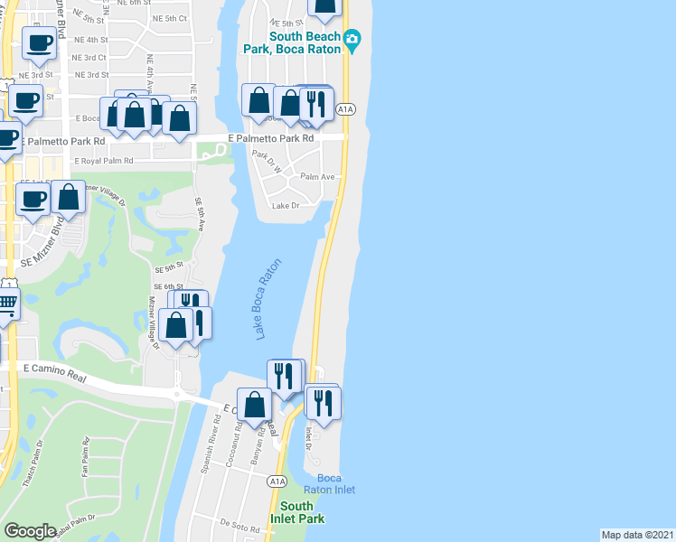 map of restaurants, bars, coffee shops, grocery stores, and more near 521 Florida A1A in Boca Raton