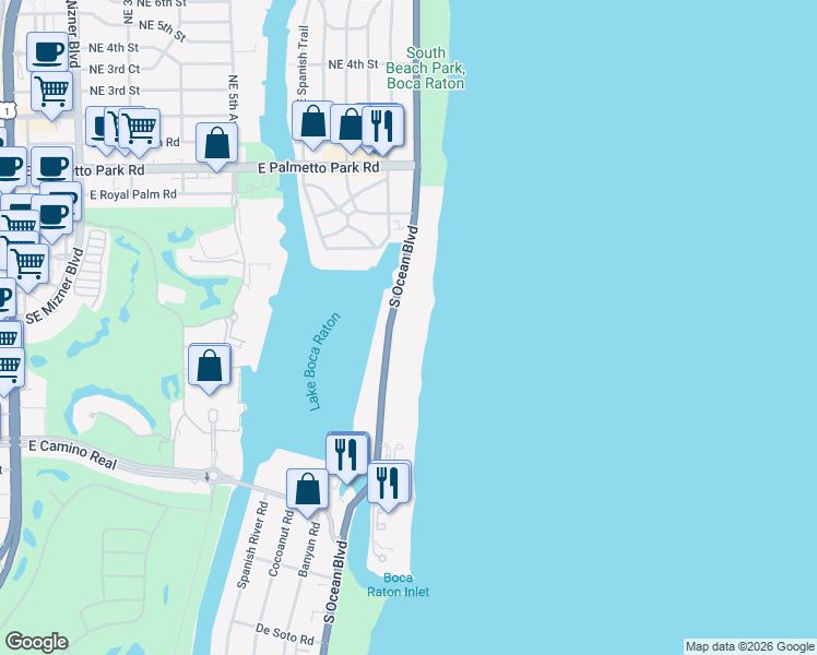 map of restaurants, bars, coffee shops, grocery stores, and more near 521 Florida A1A in Boca Raton