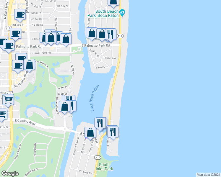 map of restaurants, bars, coffee shops, grocery stores, and more near 521 Florida A1A in Boca Raton