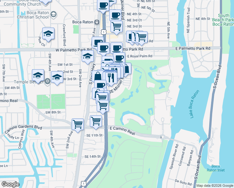 map of restaurants, bars, coffee shops, grocery stores, and more near 500 Southeast Mizner Boulevard in Boca Raton