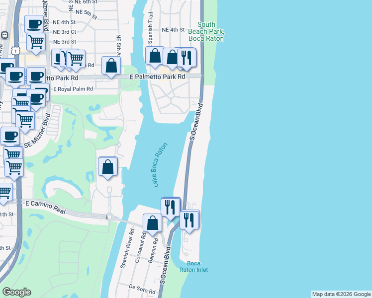 map of restaurants, bars, coffee shops, grocery stores, and more near 521 Florida A1A in Boca Raton