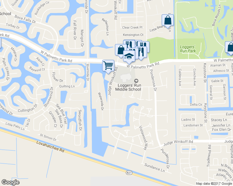 map of restaurants, bars, coffee shops, grocery stores, and more near 22299 Woodspring Drive in Boca Raton
