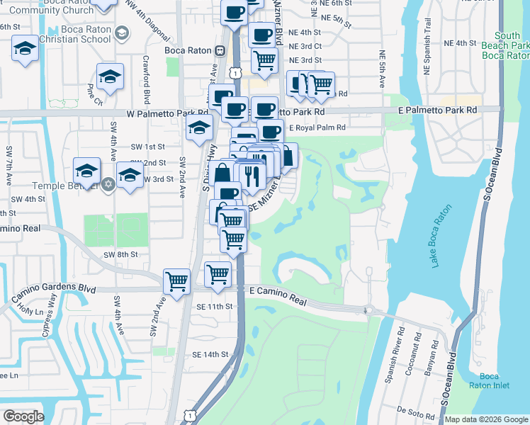 map of restaurants, bars, coffee shops, grocery stores, and more near 500 Southeast Mizner Boulevard in Boca Raton