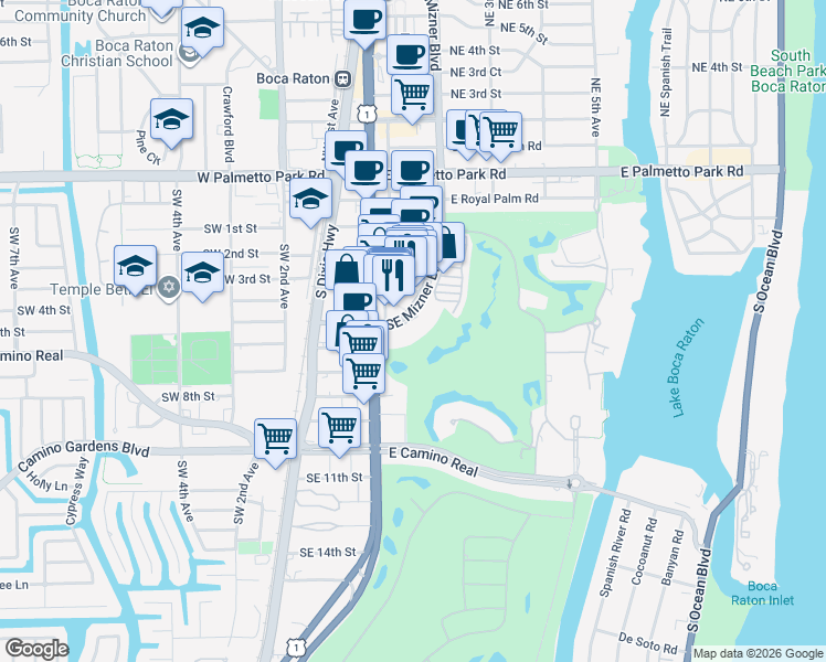 map of restaurants, bars, coffee shops, grocery stores, and more near 500 Southeast Mizner Boulevard in Boca Raton