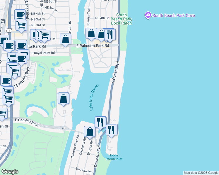 map of restaurants, bars, coffee shops, grocery stores, and more near 521 Florida A1A in Boca Raton