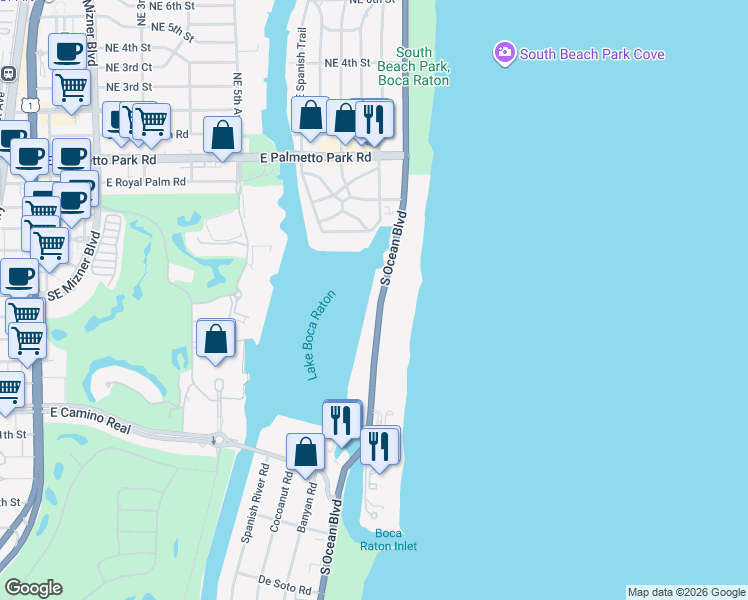 map of restaurants, bars, coffee shops, grocery stores, and more near 521 Florida A1A in Boca Raton