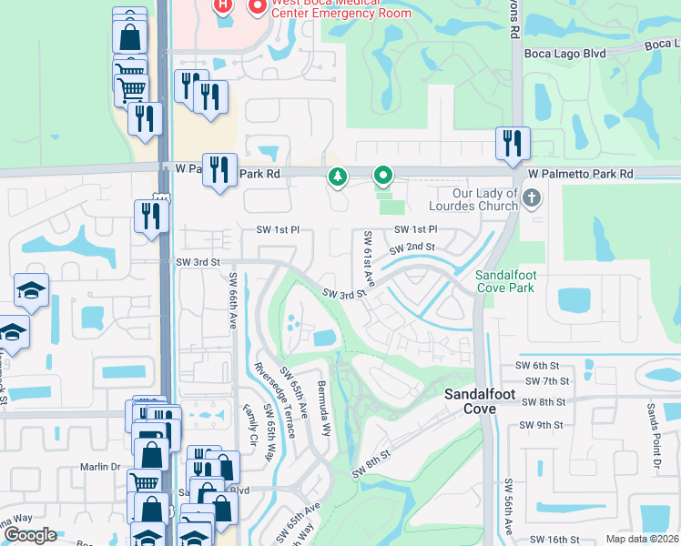 map of restaurants, bars, coffee shops, grocery stores, and more near 22278 Southwest 63rd Avenue in Boca Raton