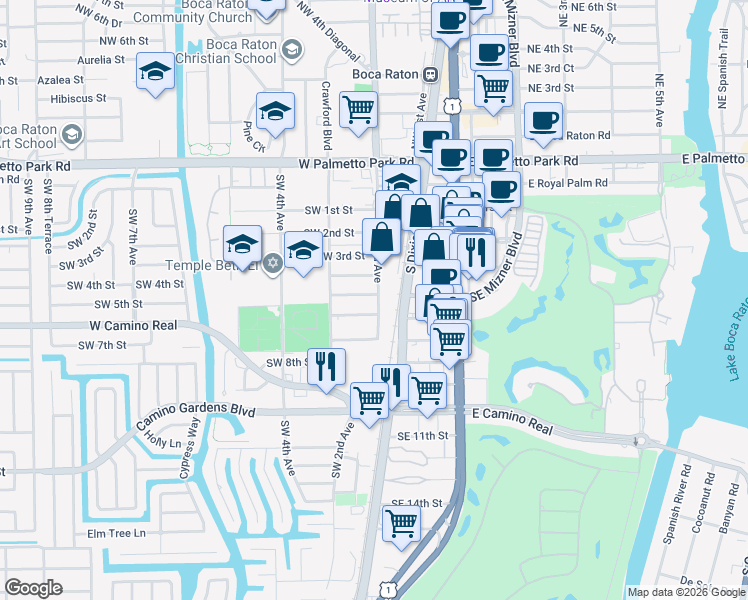 map of restaurants, bars, coffee shops, grocery stores, and more near 200 Southwest 5th Street in Boca Raton