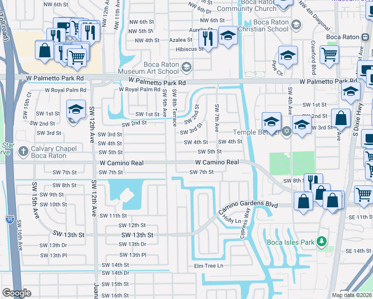 map of restaurants, bars, coffee shops, grocery stores, and more near 817 West Camino Real in Boca Raton