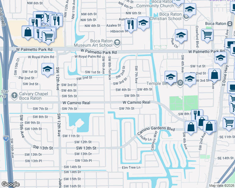 map of restaurants, bars, coffee shops, grocery stores, and more near 817 West Camino Real in Boca Raton