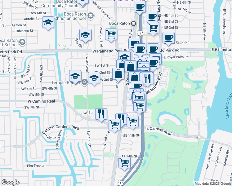 map of restaurants, bars, coffee shops, grocery stores, and more near 600 Southwest 2nd Avenue in Boca Raton