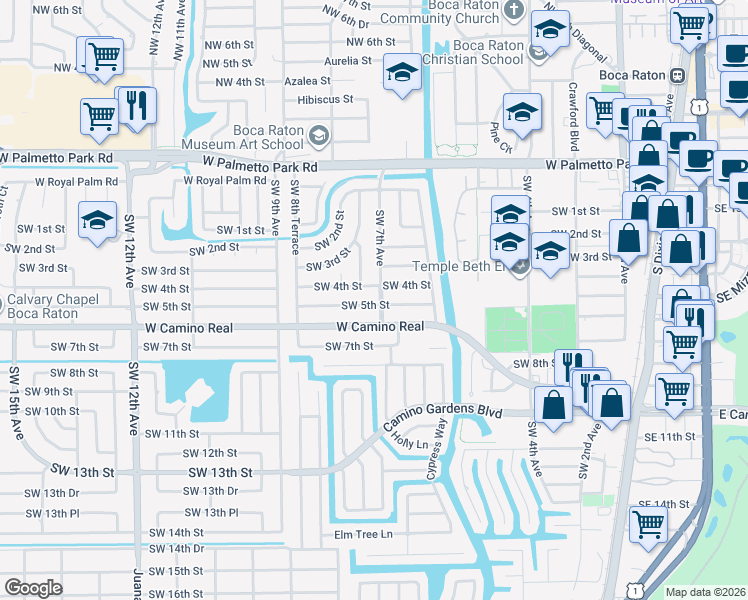 map of restaurants, bars, coffee shops, grocery stores, and more near 698 Southwest 5th Street in Boca Raton
