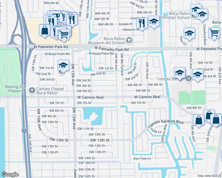 map of restaurants, bars, coffee shops, grocery stores, and more near 971 West Camino Real in Boca Raton