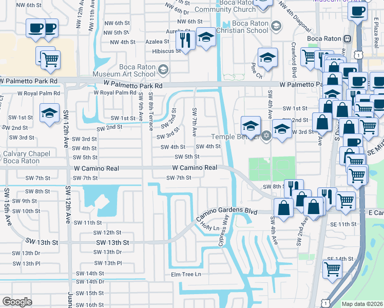 map of restaurants, bars, coffee shops, grocery stores, and more near 698 Southwest 5th Street in Boca Raton