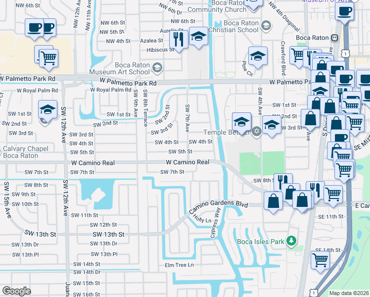 map of restaurants, bars, coffee shops, grocery stores, and more near 698 Southwest 5th Street in Boca Raton