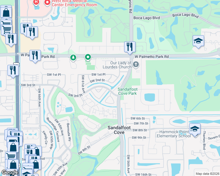 map of restaurants, bars, coffee shops, grocery stores, and more near 22392 Southwest 57th Circle in Boca Raton