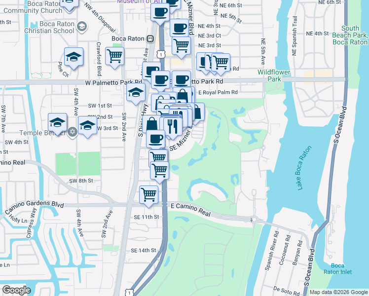 map of restaurants, bars, coffee shops, grocery stores, and more near 504 Via De Palmas in Boca Raton