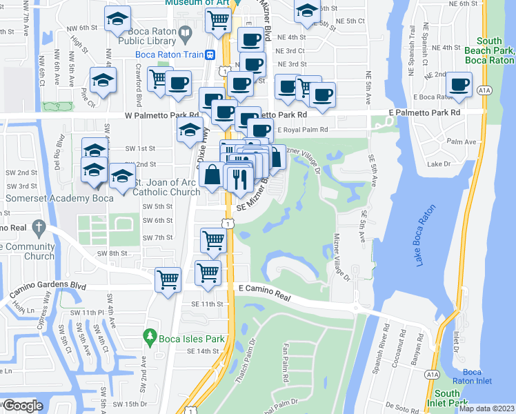 map of restaurants, bars, coffee shops, grocery stores, and more near 504 Via De Palmas in Boca Raton