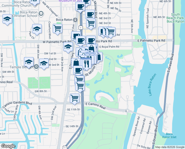 map of restaurants, bars, coffee shops, grocery stores, and more near 504 Via De Palmas in Boca Raton