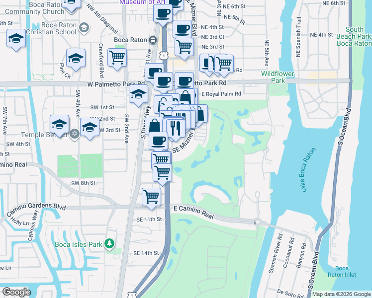 map of restaurants, bars, coffee shops, grocery stores, and more near 504 Via De Palmas in Boca Raton