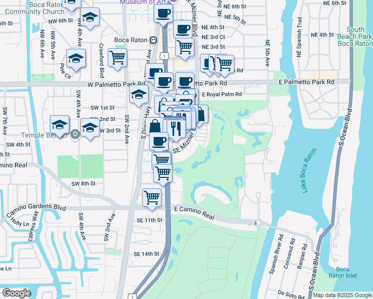 map of restaurants, bars, coffee shops, grocery stores, and more near 504 Via De Palmas in Boca Raton