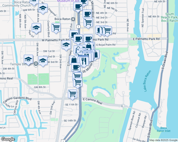 map of restaurants, bars, coffee shops, grocery stores, and more near 500 Southeast Mizner Boulevard in Boca Raton