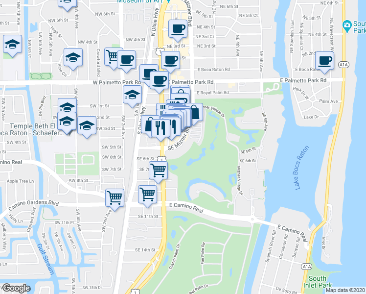 map of restaurants, bars, coffee shops, grocery stores, and more near 504 Via De Palmas in Boca Raton