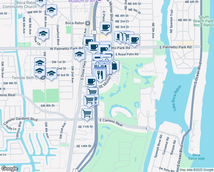 map of restaurants, bars, coffee shops, grocery stores, and more near 504 Via De Palmas in Boca Raton
