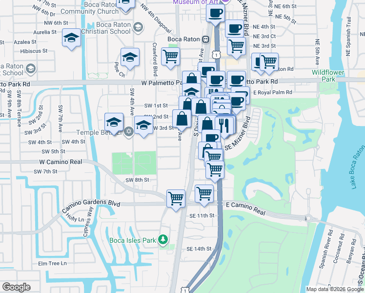 map of restaurants, bars, coffee shops, grocery stores, and more near 450 Southwest 2nd Avenue in Boca Raton
