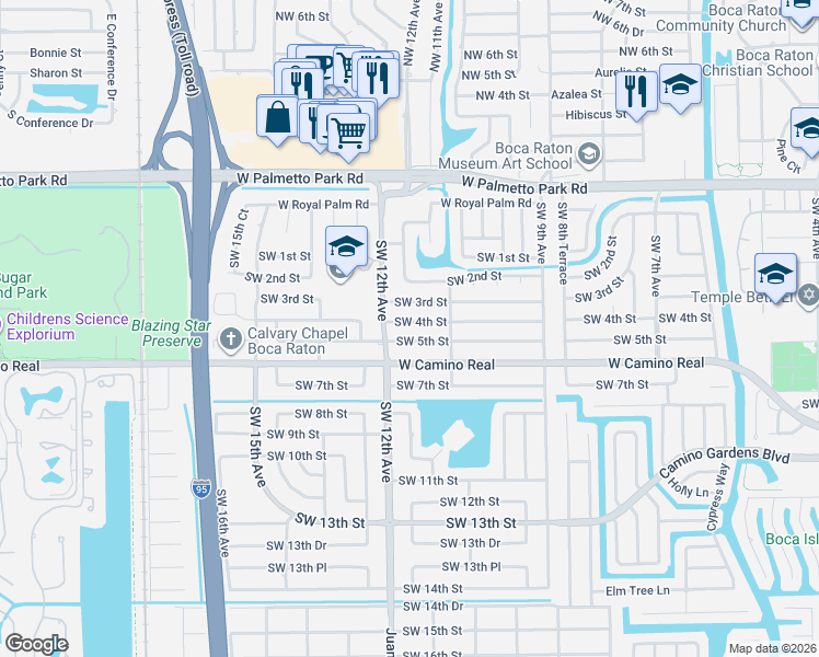 map of restaurants, bars, coffee shops, grocery stores, and more near 1188 Southwest 3rd Street in Boca Raton