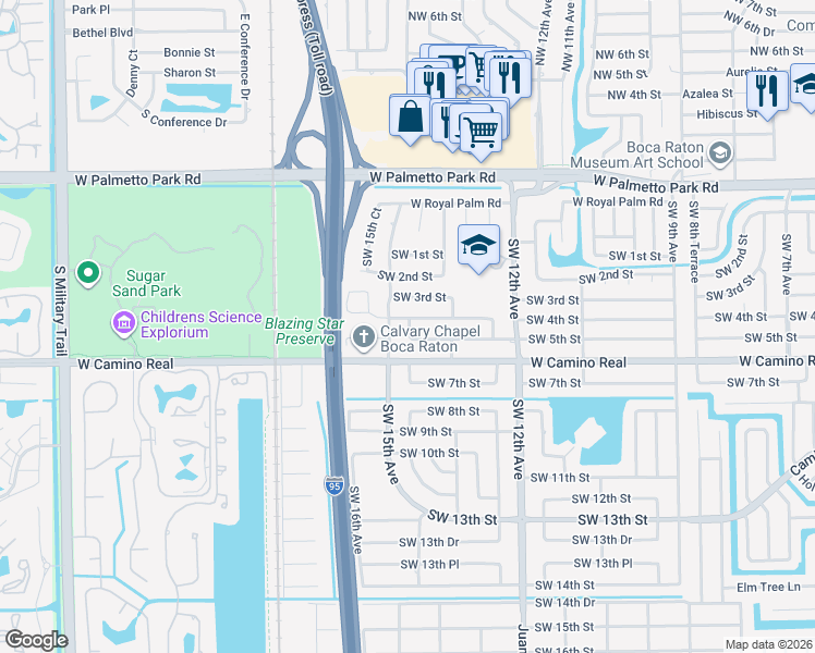map of restaurants, bars, coffee shops, grocery stores, and more near 1399 Southwest 4th Street in Boca Raton