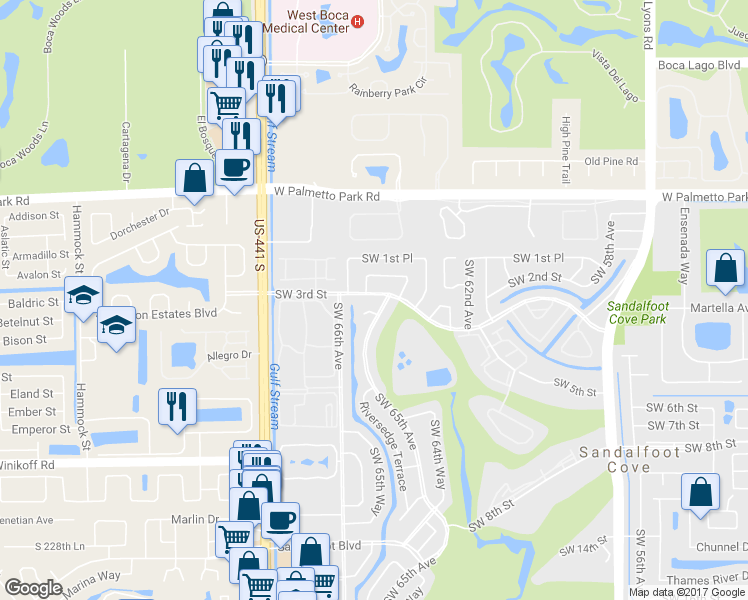 map of restaurants, bars, coffee shops, grocery stores, and more near 22217 Southwest 65th Way in Boca Raton