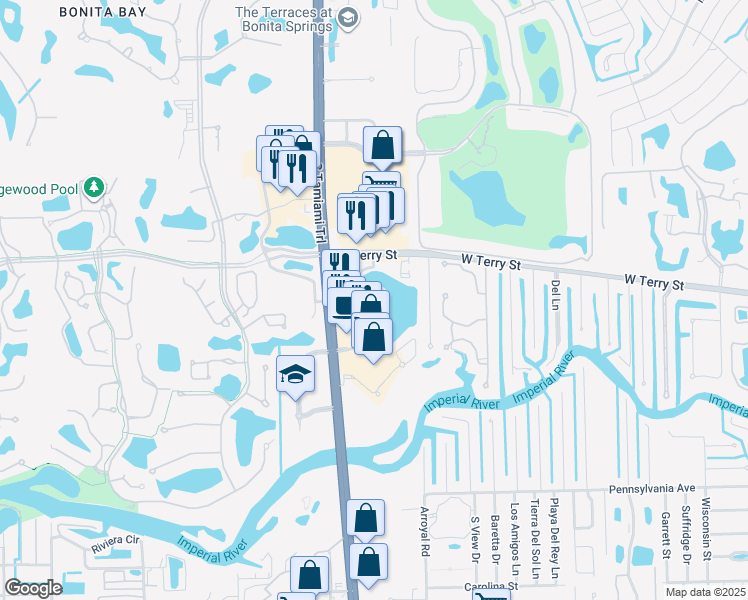 map of restaurants, bars, coffee shops, grocery stores, and more near 27221 Bay Landing Drive in Bonita Springs
