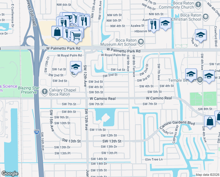map of restaurants, bars, coffee shops, grocery stores, and more near 1054 Southwest 4th Street in Boca Raton