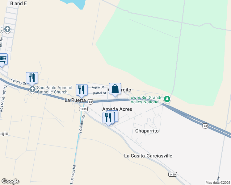 map of restaurants, bars, coffee shops, grocery stores, and more near 5947 El Poco Street in Rio Grande City