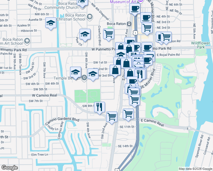 map of restaurants, bars, coffee shops, grocery stores, and more near 270 Southwest 4th Street in Boca Raton