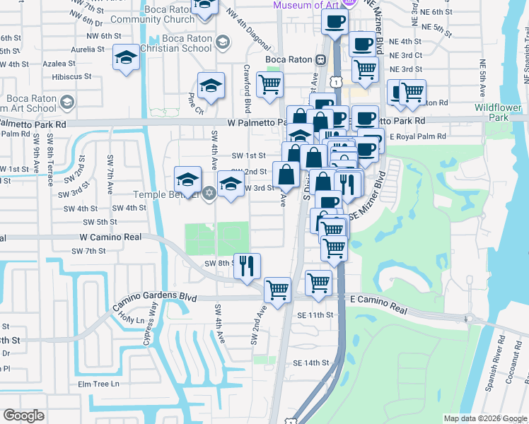 map of restaurants, bars, coffee shops, grocery stores, and more near 270 Southwest 4th Street in Boca Raton