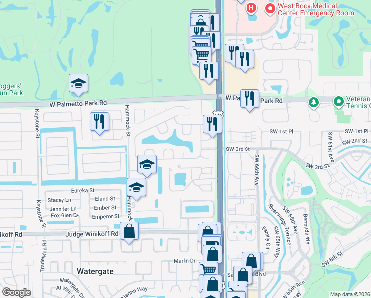 map of restaurants, bars, coffee shops, grocery stores, and more near 22281 Tupelo Place in Boca Raton