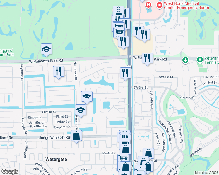 map of restaurants, bars, coffee shops, grocery stores, and more near 22281 Tupelo Place in Boca Raton
