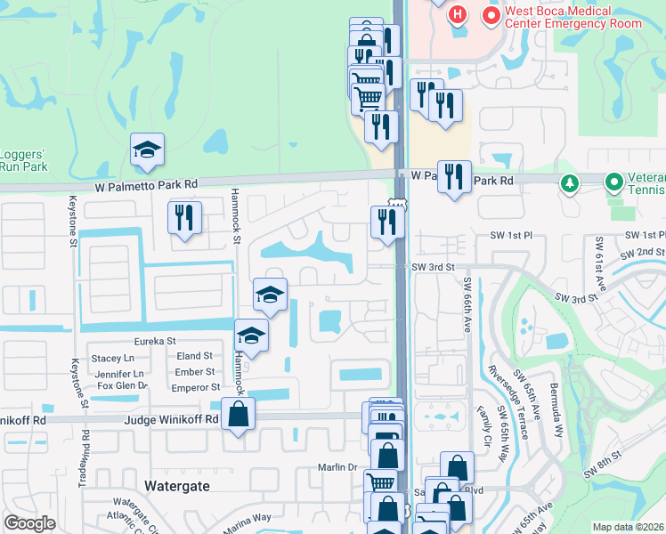 map of restaurants, bars, coffee shops, grocery stores, and more near 22281 Tupelo Place in Boca Raton