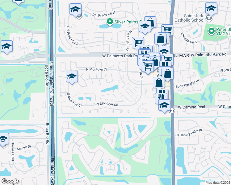 map of restaurants, bars, coffee shops, grocery stores, and more near 22295 Guadeloupe Street in Boca Raton
