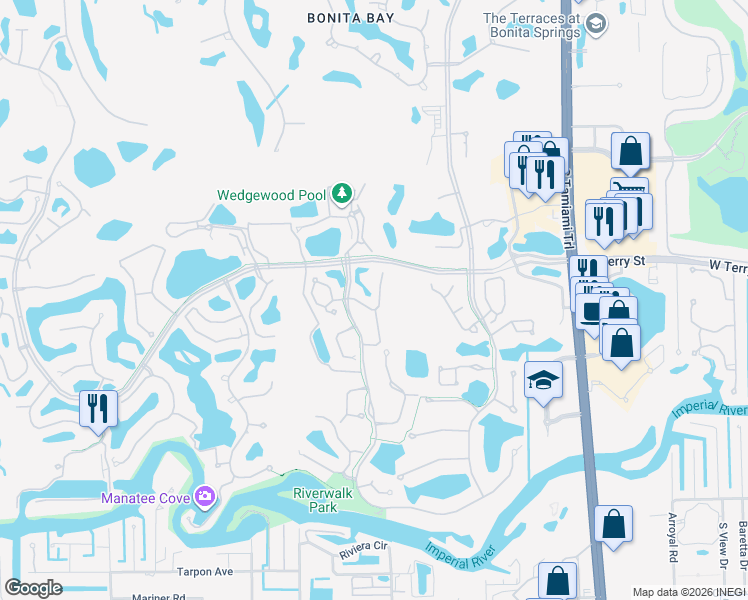 map of restaurants, bars, coffee shops, grocery stores, and more near 27038 Oakwood Lake Drive in Bonita Springs