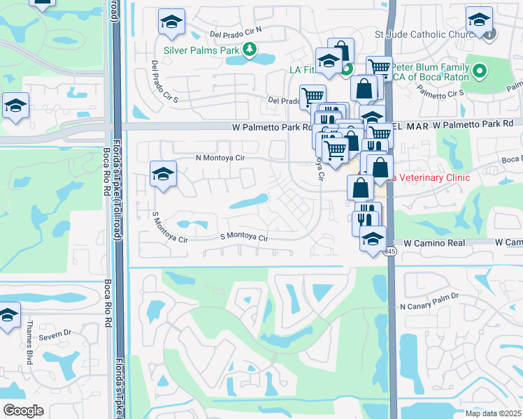 map of restaurants, bars, coffee shops, grocery stores, and more near 22295 Guadeloupe Street in Boca Raton