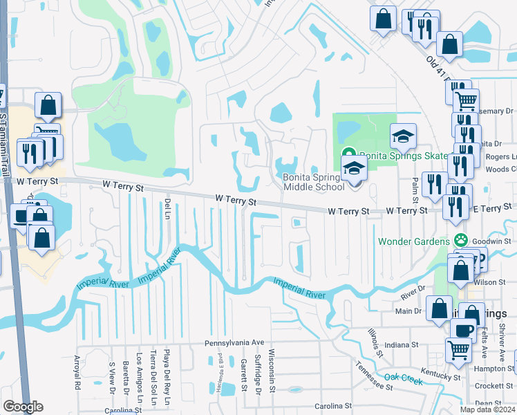 map of restaurants, bars, coffee shops, grocery stores, and more near 9760 West Terry Street in Bonita Springs
