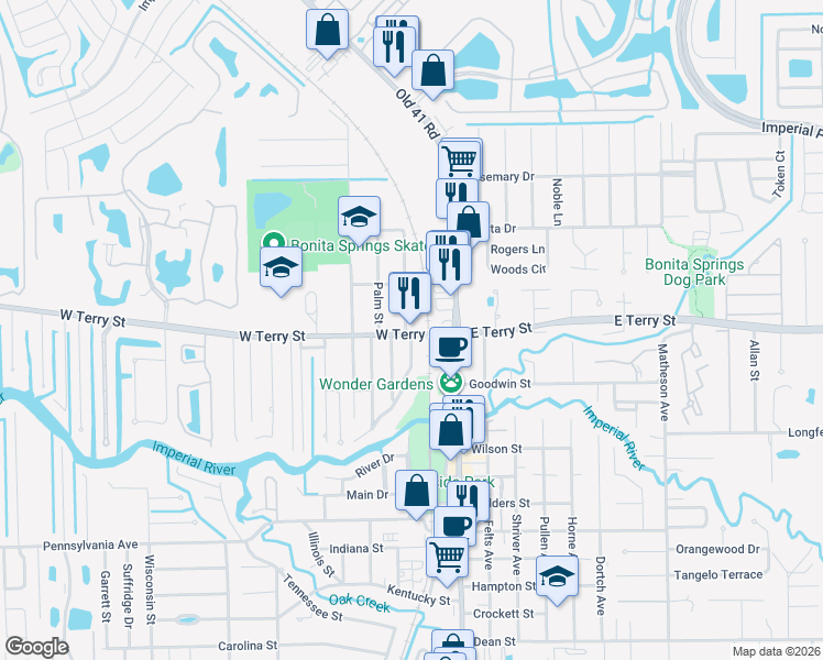 map of restaurants, bars, coffee shops, grocery stores, and more near 26960 North Riverside Drive in Bonita Springs