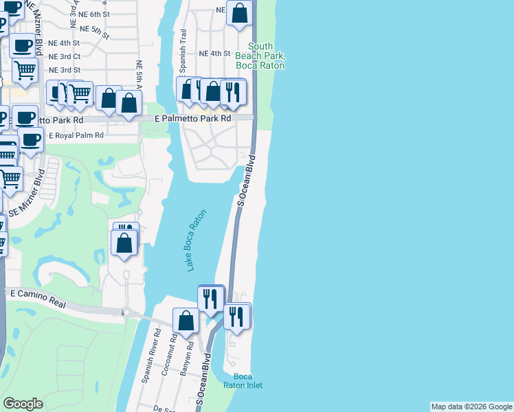 map of restaurants, bars, coffee shops, grocery stores, and more near 500 South Ocean Boulevard in Boca Raton