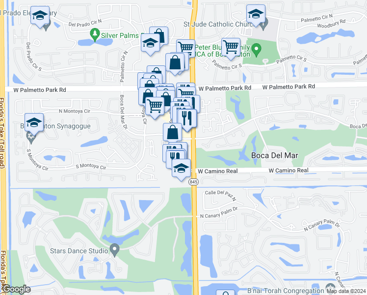 map of restaurants, bars, coffee shops, grocery stores, and more near 22288 Pineapple Walk Drive in Boca Raton