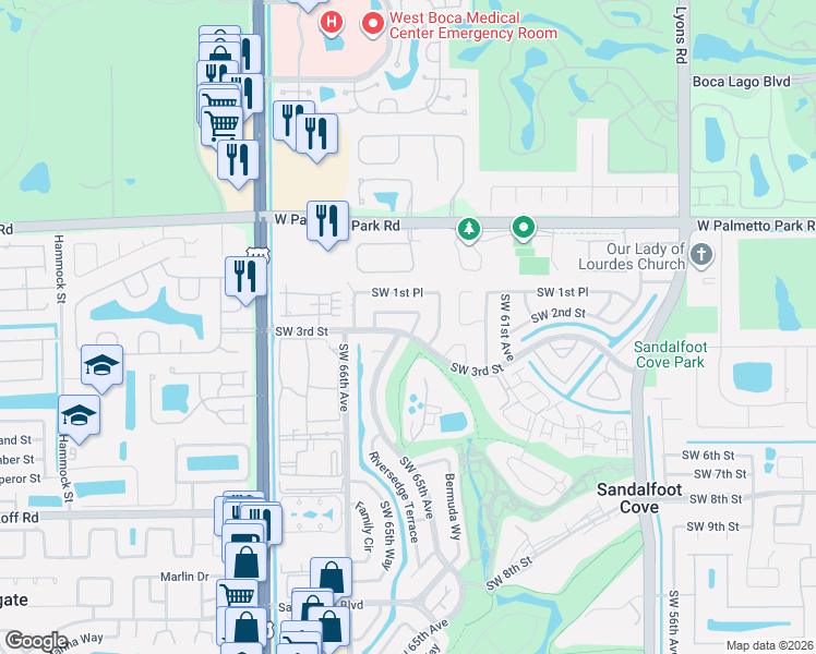 map of restaurants, bars, coffee shops, grocery stores, and more near 9667 Southwest 3rd Street in Boca Raton